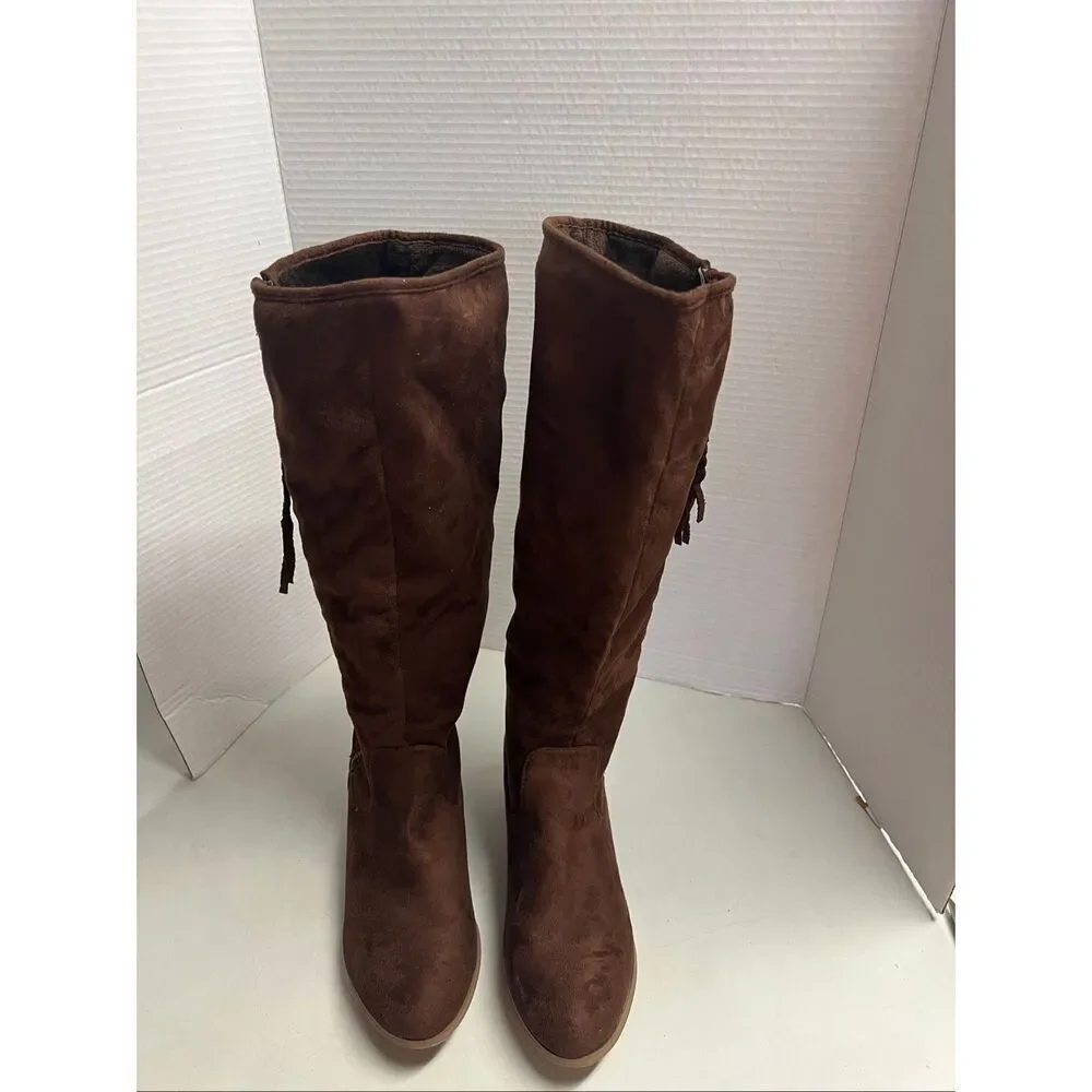JG Womens Brown Zippered Braided Tassel Boots Size 8.5 Lined SEE DESCRIPTION